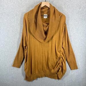 Planet Lauren G OS Cowl Neck Tunic Sweater Brown Ruched Drawstrings Pockets